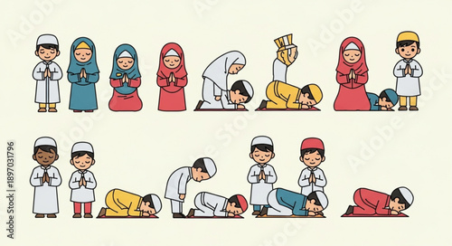 Children and Adults Performing Islamic Prayer Namaz.