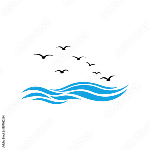 Flock of birds flying over ocean waves illustration.