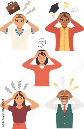 Diverse stressed people with hands on head feeling anxiety and frustration from work problems exams grief and failure concept vector illustration for mental health awareness in corporate business and