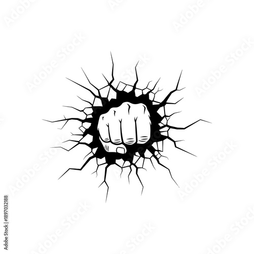 Black and white illustration of a clenched fist breaking through a cracked surface.
