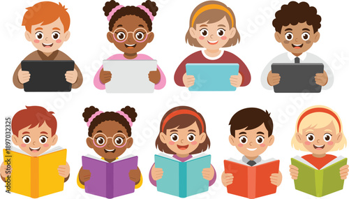 Diverse group of cartoon students using tablets and reading books in classroom setting for elementary education learning concept happy children studying with digital technology and traditional books f