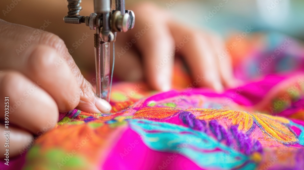 Fototapeta premium Woman sews colorful fabric in a crafting session during the day
