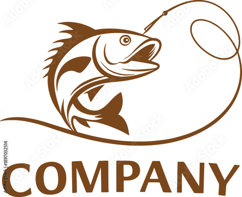 An illustrative brown fish jumping for a fishing hook with a line, suitable for a company logo
