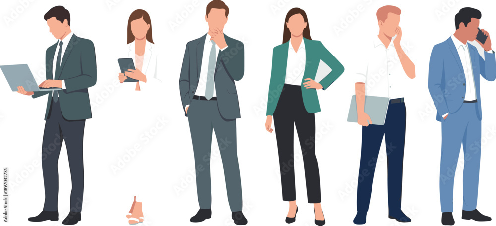 Fototapeta premium Diverse business team working on technology devices in modern office setting professional corporate employees using laptop computer tablet smartphone for communication teamwork collaboration concept i