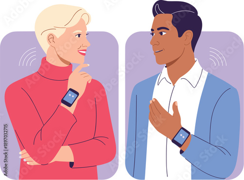 Diverse business people talking using smartwatches for wireless communication modern technology professional employees in digital conference call illustration for teamwork collaboration corporate stra