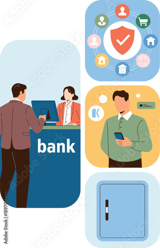 Modern bank customer at teller with secure online banking app for financial transactions banking services vector illustration for mobile payments personal finance management secure money transfer busi
