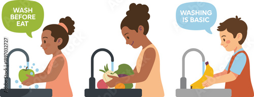 Children washing fresh fruits and vegetables in kitchen sink for healthy eating habits and hygiene education concept vector illustration promoting food safety nutrition awareness and health for kids i