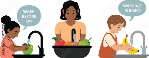 Washing fresh fruits and vegetables hygiene illustration of children washing fruit under running water in kitchen sink with mother supervising for health and wellness campaigns educational materials p
