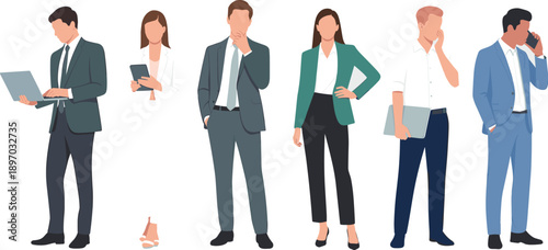 Diverse business team working on technology devices in modern office setting professional corporate employees using laptop computer tablet smartphone for communication teamwork collaboration concept i