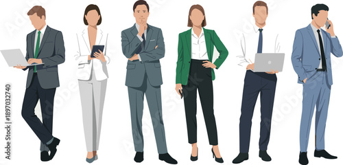 Diverse group of business people standing together in professional attire using technology modern corporate team concept for teamwork collaboration and success illustration in office setting for prese