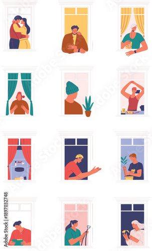 Apartment building windows with diverse people characters inside doing activities enjoying relaxation couple hugging cooking gardening working out reading sleeping conceptual stay home vector illustra