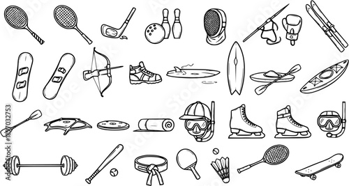Sports Equipment Line Art Icons Set. Hand-Drawn Black and White Outline Collection for Fitness and Recreation Activities.