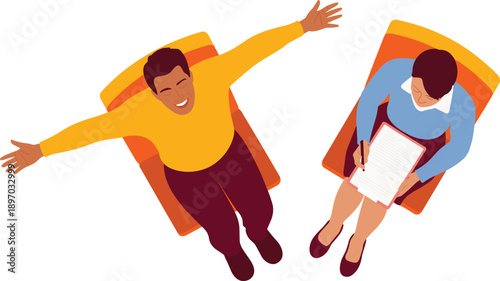 Relaxed male patient in therapy session with female psychologist taking notes for mental health wellness and wellbeing in modern clinic for corporate healthcare presentations and promoting positive ps