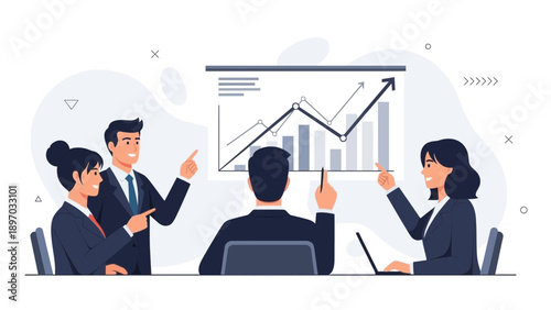 Business meeting with financial graph presentation, team discussing growth strategy