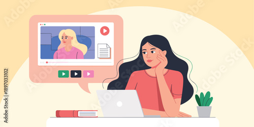 Young woman watching online video tutorial on laptop computer at home desk e-learning concept distance education student studying course webinar internet learning modern lifestyle technology for busin