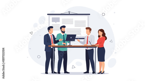 Business meeting with laptop and presentation screen, diverse team collaborating