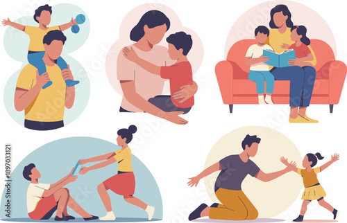 Loving family spending quality time together flat vector illustration of parents with children bonding in various scenes showing care support and education for social media marketing or family blog ab