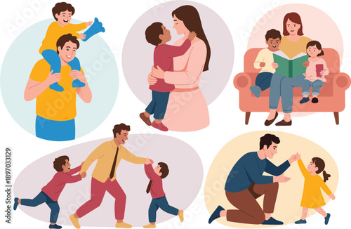 Happy diverse family spending quality time together cartoon illustration depicting father carrying son mother hugging child parent reading book to kids family relationships and bonding for parenting r
