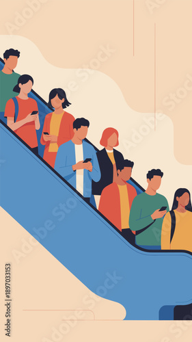 Diverse group of faceless people riding escalator using smartphones in modern urban environment communication technology concept for business metro station advertising marketing materials corporate pr