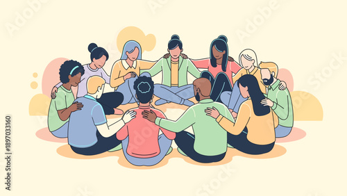 Illustration of a diverse group of people sitting in a circle for a support meeting, showing unity and empathy.