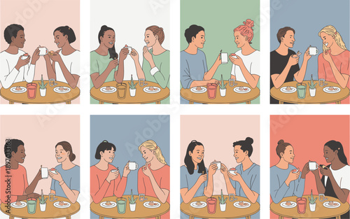 Diverse young women friends drinking coffee at cafe table illustration having casual conversation enjoying friendship and togetherness in urban lifestyle setting for social media marketing advertising