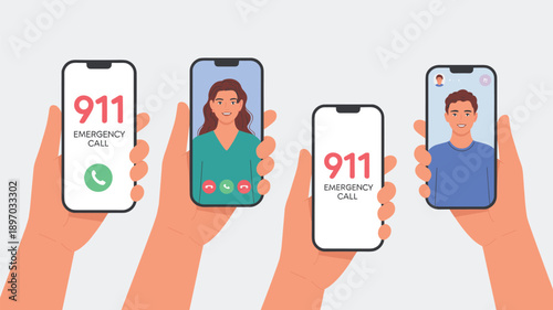 Emergency 911 call on smartphone with woman and man video conference communication for urgent help assistance service vector illustration on mobile phone technology for healthcare support telemedicine