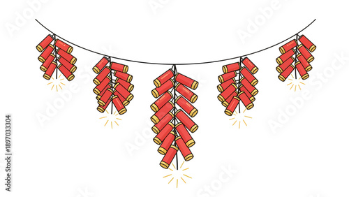 An illustration of a string of red firecrackers with lit fuses hanging as a decoration for a celebration.