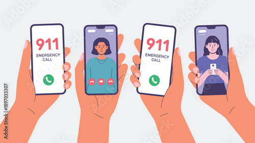 Emergency 911 call from mobile phone for police fire ambulance service urgent assistance first aid telemedicine healthcare concept smartphone communication technology safety security vector illustrati