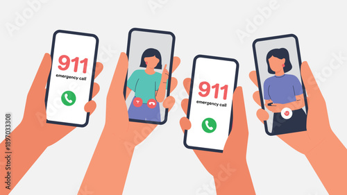 Urgent 911 Emergency Call with Smartphone Mobile Technology Telecommunications and Video Chat Communication with First Responders and Medical Professionals in Healthcare Industry Concept and Public Sa