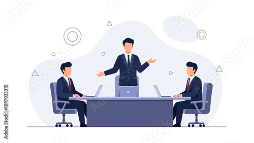 Business meeting with team leaders discussing strategy at modern office conference table.