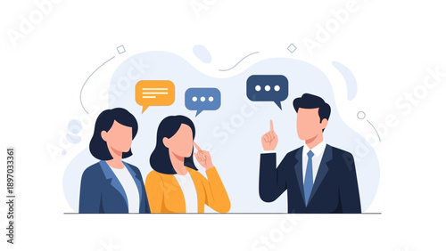 Business meeting, team discussion, communication, collaboration, ideas, speech bubbles