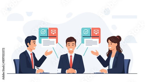 Business meeting, teamwork, communication, digital messages, strategy, collaboration concept