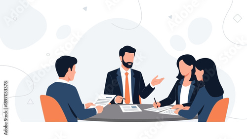 Business meeting, team discussing strategy around a table, collaboration concept