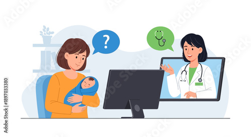 A new mother consults a doctor virtually, receiving essential medical advice for her newborn baby through a convenient online telehealth appointment.