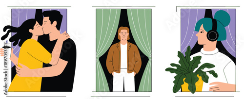 Apartment Building Windows with Diverse Occupants Kissing Man Looking Out and Woman with Headphones Isolation Community Concept Residential Living Illustration for Real Estate Advertising Social Media