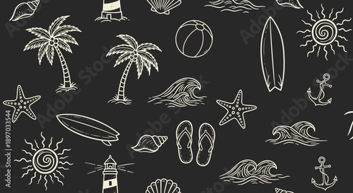 Seamless Beach and Summer Themed Doodle Pattern with Palm Trees, Waves, and Sea Creatures on Dark Background