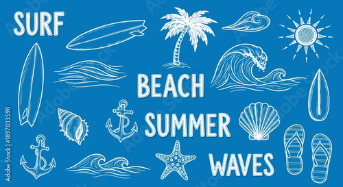 Collection of White Beach and Surf Icons with "Surf Beach Summer Waves" Text on Blue Background, Tropical Summer Theme