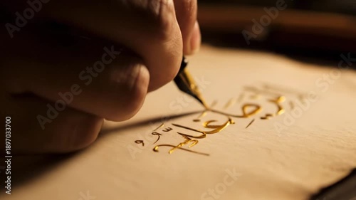 Hand Writing with Calligraphy Pen on Paper.