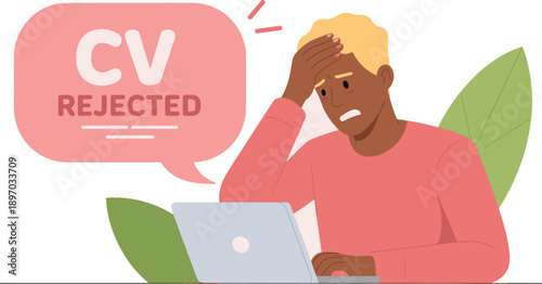 Frustrated job seeker with rejected CV application on laptop computer feeling stressed and disappointed in career search process for employment opportunity in human resources recruitment industry conc