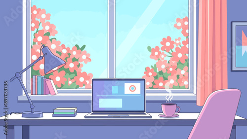 Cozy home office workspace with a laptop and coffee by a window with pink flowers.