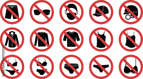 Clothing restriction prohibition sign bundle set with t shirt hoodie sunglasses hat cap helmet underwear and apparel ban symbols vector