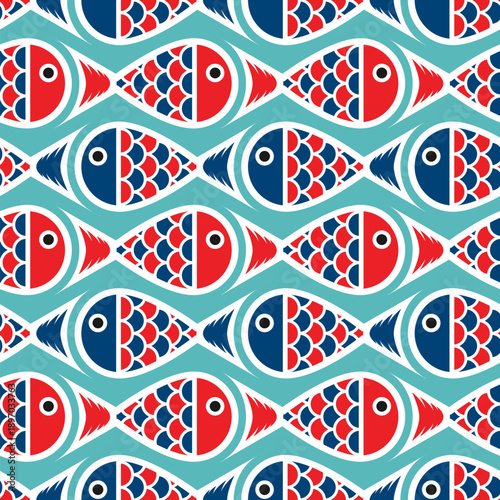 Fish seamless pattern. Sea animal background for wallpaper decoration, banners, wrapping paper, seafood restaurant. Vector illustration