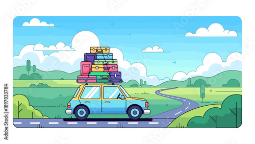 A cartoon illustration of a light blue car loaded with luggage driving on a road through a scenic landscape.