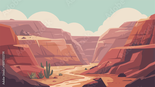 Minimalist flat vector illustration of a desert canyon with layered rock walls, dry riverbed, cacti, and soft turquoise sky in muted warm tones.
