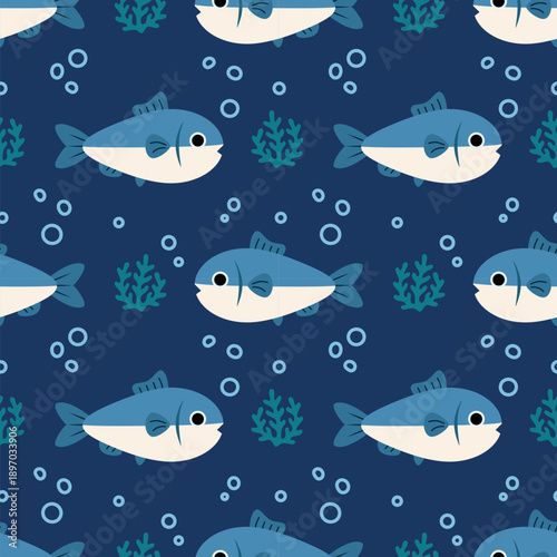 Seamless marine fish drawing pattern. Sea animal background for wallpaper decoration, banners, wrapping paper, seafood restaurant. Vector illustration