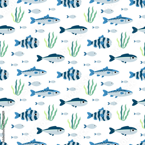 Seamless marine fish drawing pattern. Aquarium. Sea animal background for wallpaper decoration, banners, wrapping paper, seafood restaurant. Vector illustration