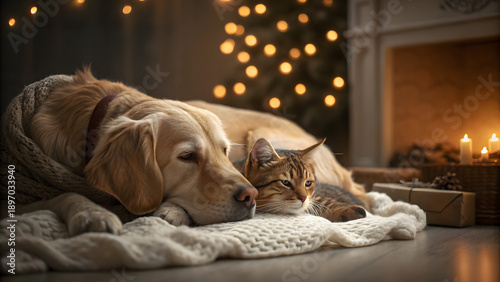 Wallpaper Mural Golden retriever and cat sleeping together on cozy blanket isolated on transparent background Torontodigital.ca