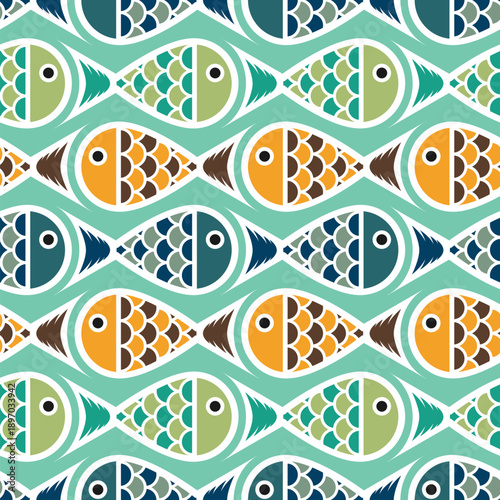 Fish seamless pattern. Sea animal background for wallpaper decoration, banners, wrapping paper, seafood restaurant. Vector illustration
