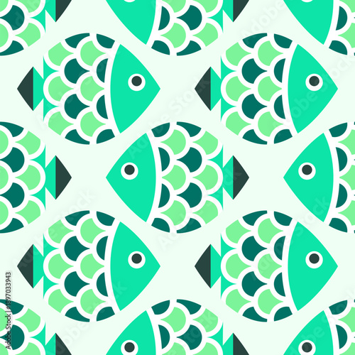 Fish seamless pattern. Sea animal background for wallpaper decoration, banners, wrapping paper, seafood restaurant. Vector illustration