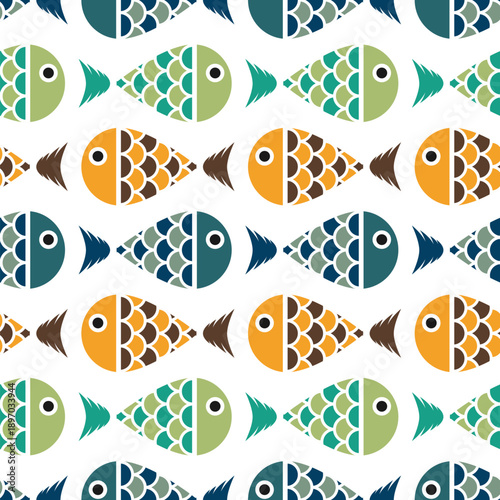 Fish seamless pattern. Sea animal background for wallpaper decoration, banners, wrapping paper, seafood restaurant. Vector illustration